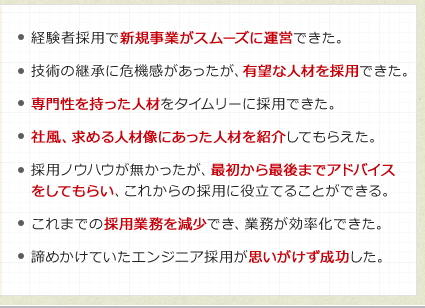 経験者採用で新規事業がスムーズに運営できた。技術の継承に危機感があったが、有望な人材を採用できた。専門性を持った人材をタイムリーに採用できた。社風、求める人材に合った人材を紹介してもらえた。採用ノウハウが無かったが、最初から最後までアドバイスをしてもらい、これからの採用に役立てることができる。これまでの採用業務を減少でき、業務が効率化できた。諦めかけていたエンジニア採用が思いがけず成功した。